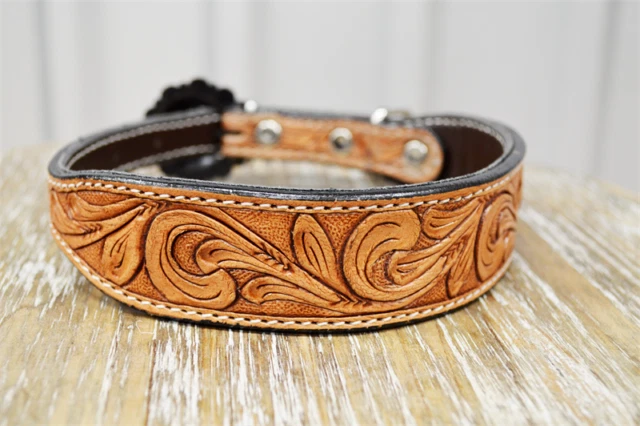 Western Dog/Pet Collar Hand Tooled Leather With Stainless Steel Buckle Free Ship