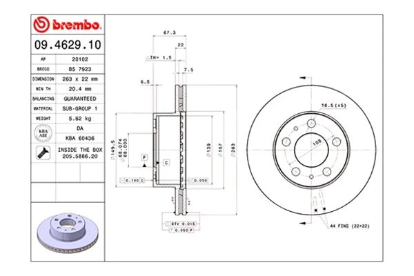 For Volvo 240 90-93 Brembo 09.4629.10 Replacement Plain Vented Front Brake Rotor - Image 2 of 4
