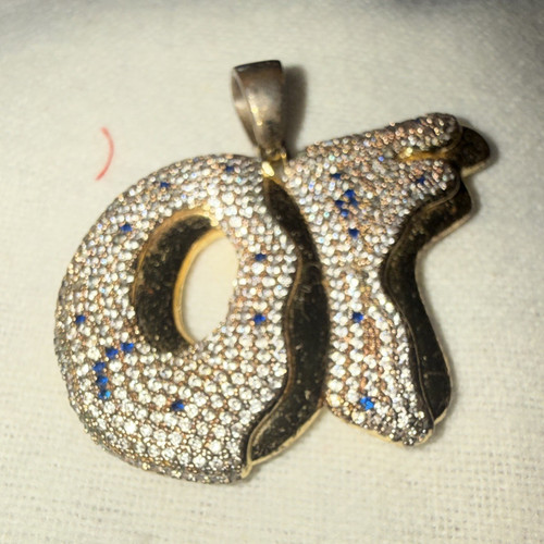 Silver Tone OT Letter Pendant Charm, Pavé White Rhinestones, Hip Hop Theme