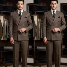 Brown Striped Men's Suits Double Breasted Jacket 2Pcs Business Peak Lapel Coat