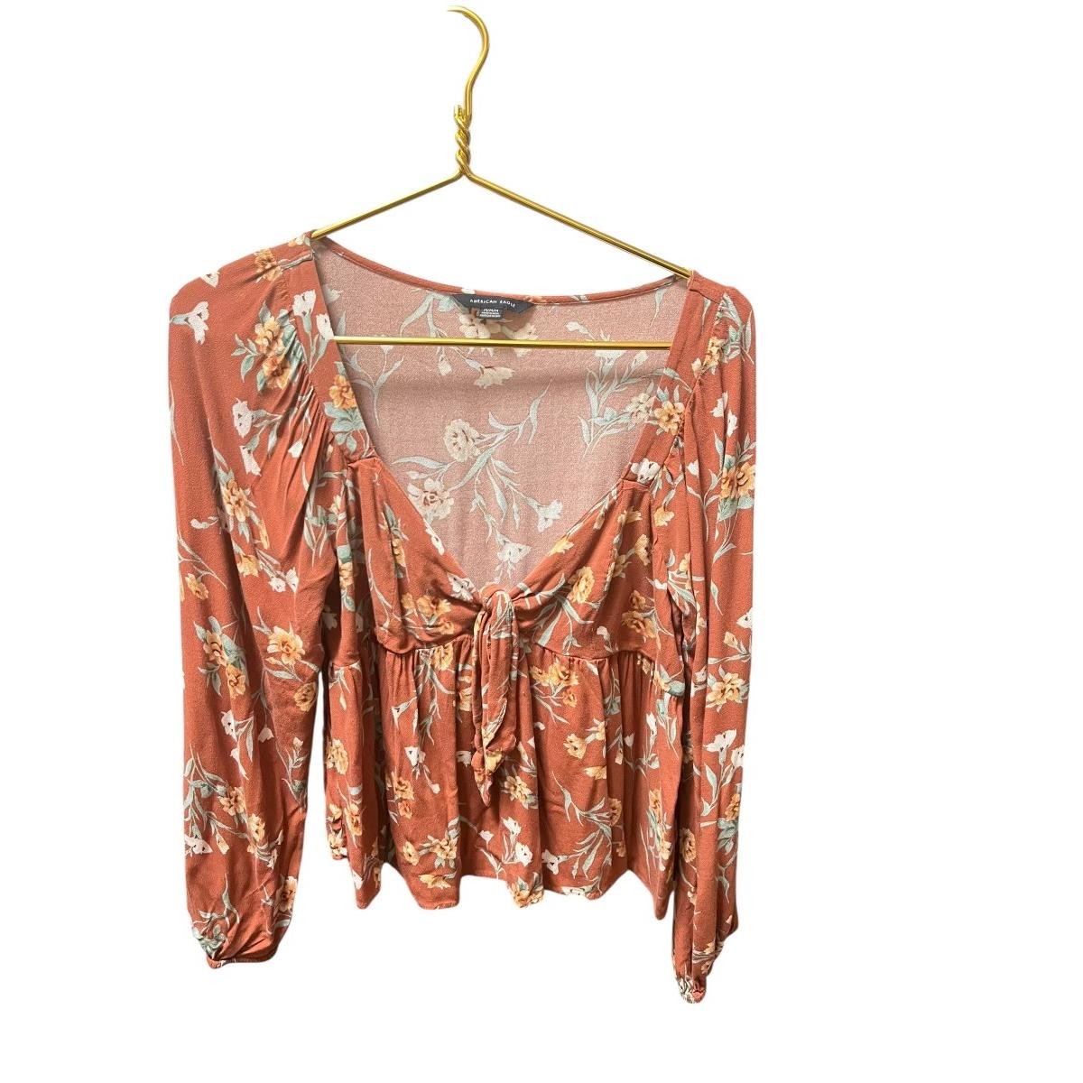 American Eagle Shirt Womens M Floral Tie Front Cut Out Blouse Top Boho Cottage