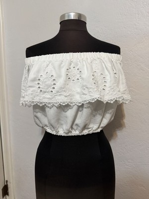 Mi Ami Francesca's White Eyelet Lace Crop Top Off Shoulder Boho Coquette Small