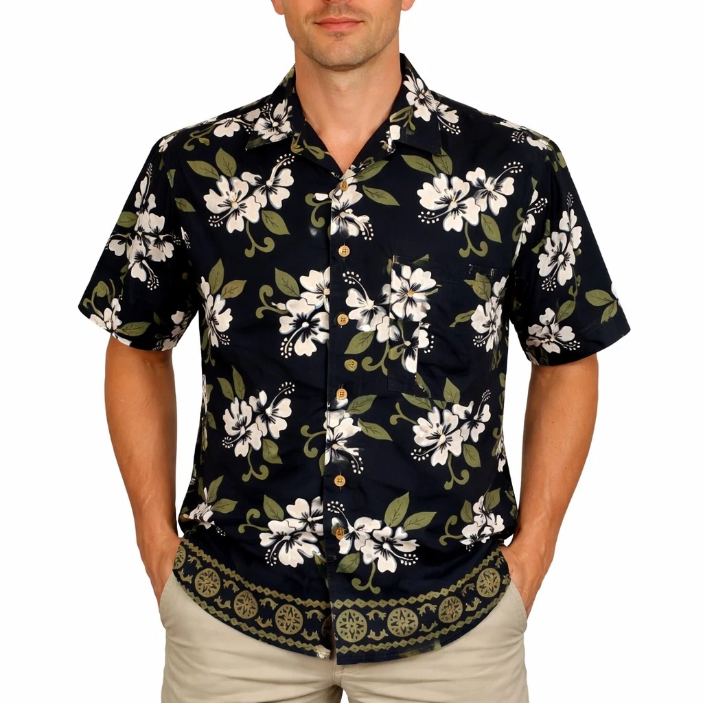 Ocean Pacific Hawaiian Aloha Shirt Small Hibiscus Flowers Floral Black White