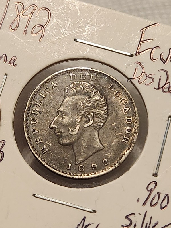 1892 ECUADOR DOS DECIMOS LIMA WORLD SILVER COIN KM#51.3 HIGHER GRADE & OLD TONE