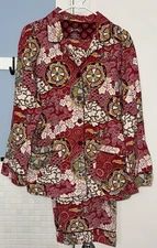 Nick & Nora Size Large Red Asian Inspired Print Flannel Pajama Lounge Set