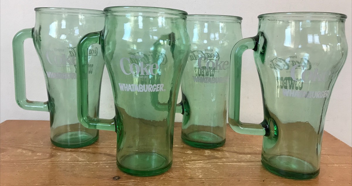 Vintage Set Lot 4 Whataburger Coke Coca Cola Cowboy Green Glass  