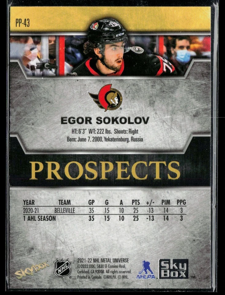 2021-22 Metal Universe Skybox Premium Prospects #PP-43 Egor Sokolov RC - Image 2 of 2