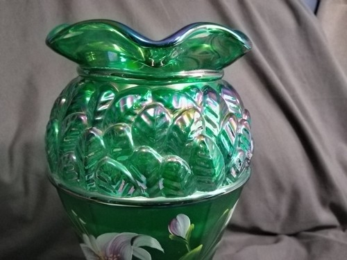 FENTON HANDBEMALTE VASE FLORAL SMARAGDGRÜN SIGNIERT - Bild 3 von 10