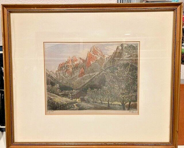 Vintage Etching on silk, "SIGNED" H. LEISCH Chalet in the Alps