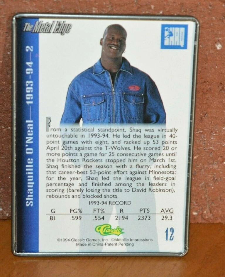  BASKETBALL CARD CLASSIC THE METAL EDGE SHAQUILLE O'NEAL 1993 - 94 2 - Image 2 of 2