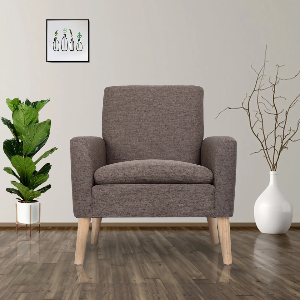 Sofá individual tapizado de lino con patas de madera para sala de estar reposabrazos sofá Foto 2 de 4