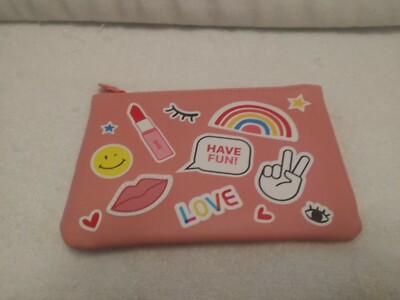 IPSY Glam Bag 2021 Makeup Case Pink Have Fun Love Rainbow Symbols 7'' x 5'' Zip Up
