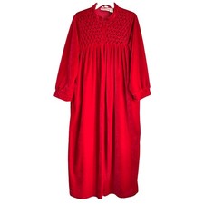 Vtg Red Velour Embroidered Zip Front Gown Housecoat Dressing Loungewear