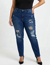 Lane Bryant Women's Plus Straight Leg Blue Denim Jeans Distressed Embroidered