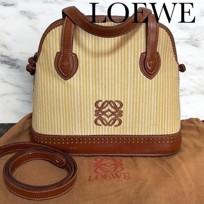 LOEWE Anagram Stripe 2Way Shoulder Bag Handbag Yellow Brown Canvas Japan