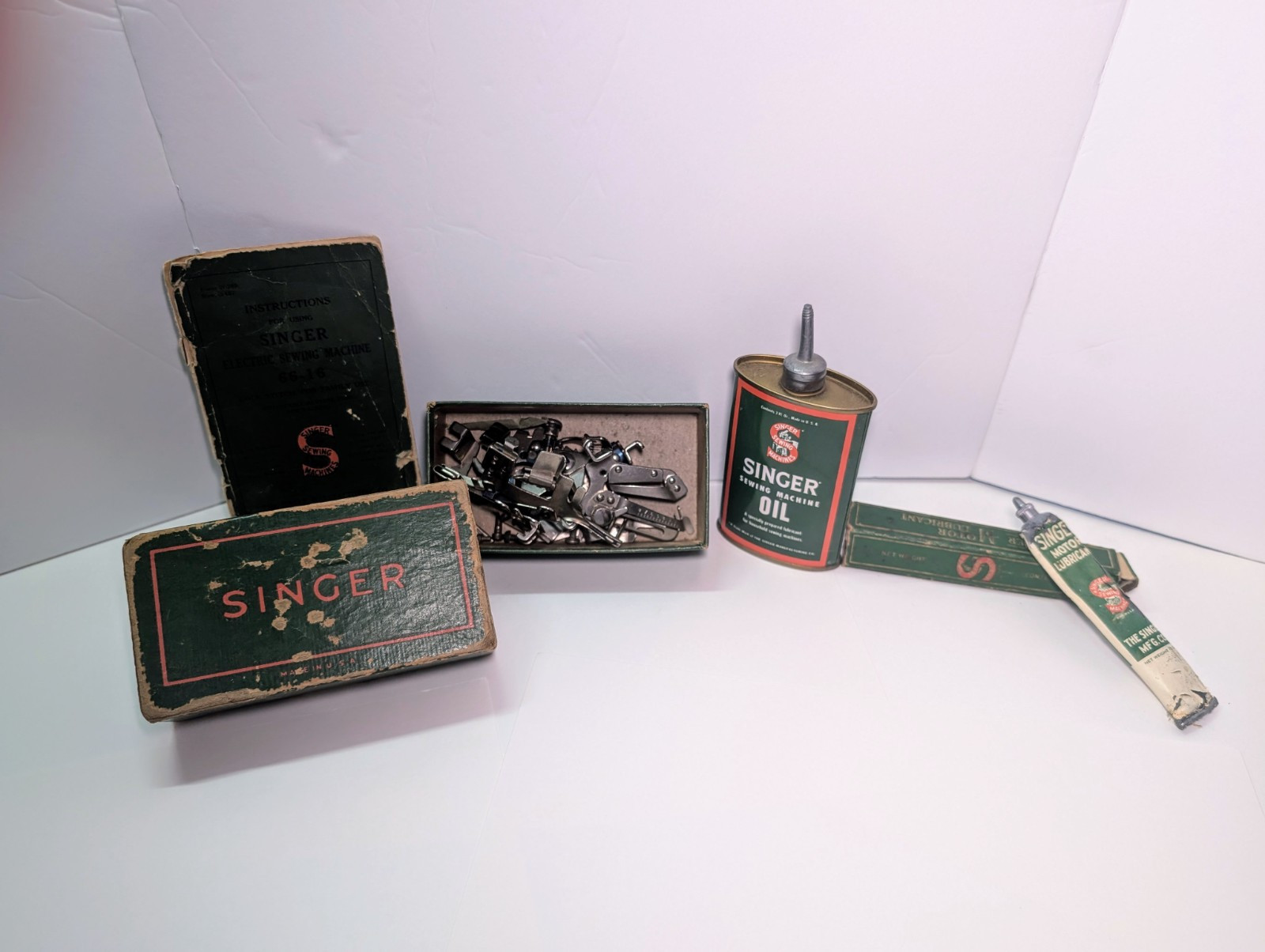 Vintage Singer Sewing Machine Attachment Set with Box, Oil Can, Motor Lubricant & More
