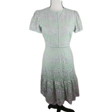 Tahari Women's size 2 Mint Green Lilac Knit Lace High Neck Short Sleeve Dress