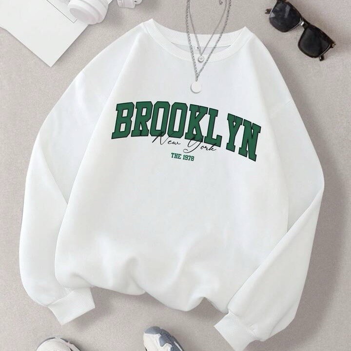 SHEIN Brooklyn New York Sweatshirt  Women S White Green Crew City Streetwear