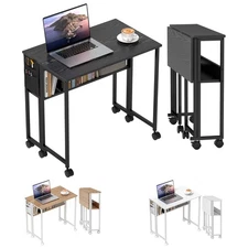 HOMCOM Small Folding Desk Foldable Computer Desk with Shelf, Wheels