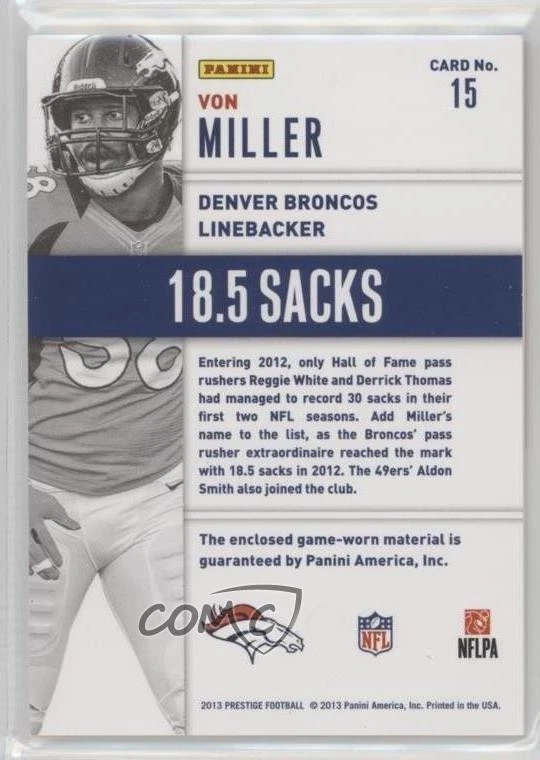 2013 Panini Prestige League Leaders Materials /299 Von Miller #15 - Image 2 of 2