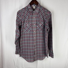 Vintage Levis Shirt Mens Small Red Navy Plaid Western Pearl Snap Cowboy 70s