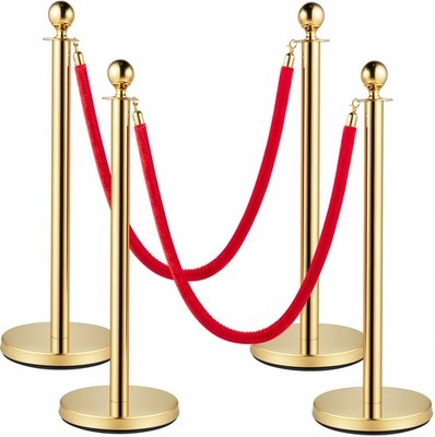 4-PC Gold Stanchion Set 5' Red Velvet Rope Stainless Concrete