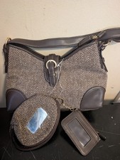 Croft & Barrow Herringbone Tweed & Leather Shoulder Bag, Cosmetic Tote & Wallet