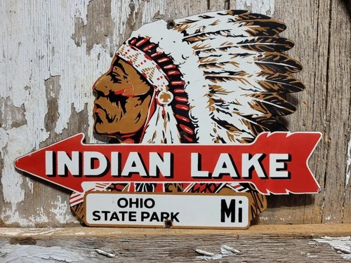 VINTAGE INDIAN LAKE PORCELAIN SIGN OLD OHIO STATE PARK RANGER CABIN LODGE DIECUT