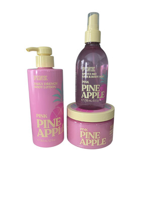 Victoria's Secret Pink Pineapple Body Hair Mist Lotion & Scrub Set New