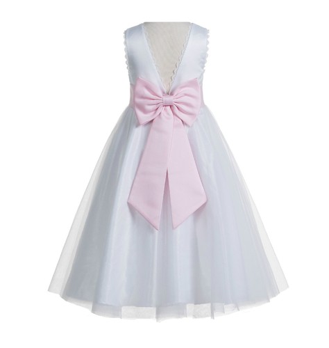 V-Back Lace Edge White Flower Girl Dress Wedding Dress Holy Communion Dresses - Picture 7 of 60