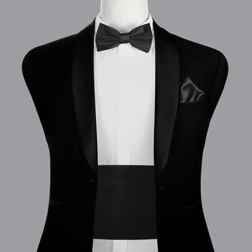 Conjunto de pajarita y pañuelo de bolsillo y cummerbund formal liso preatado para hombre Foto 4 de 4
