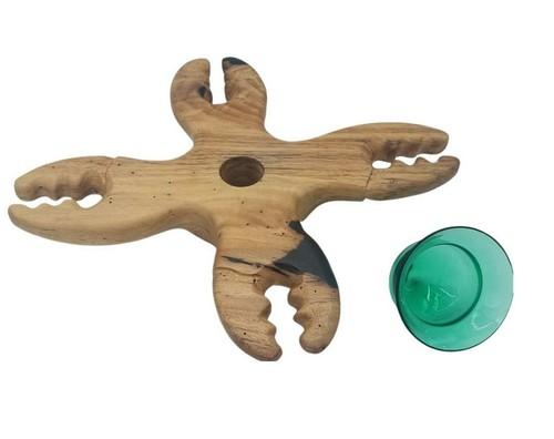 Crab Shaped Wooden Platter Glass Butter Bowl Dish Cup Lobster Seafood Tea Light - Picture 3 of 5