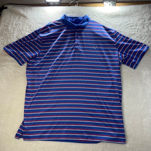 Callaway Golf Poloshirt XL Option Dry Herren blau rot gestreift Kurzarm Knopf