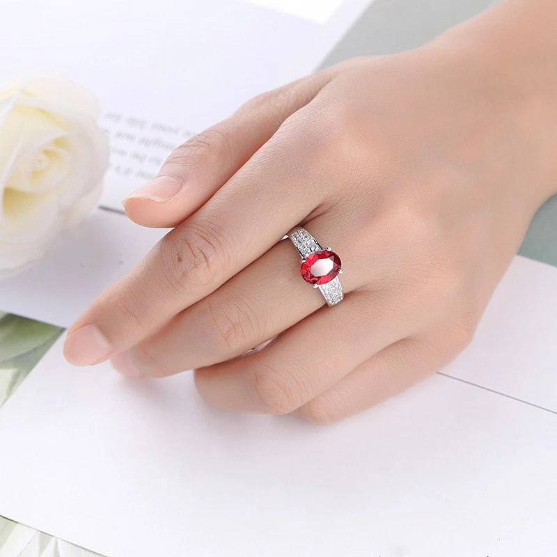 Anillo de compromiso para mujer corte ovalado rojo AAA circonita cúbica relleno de oro blanco talla 6/7/8/9/10 Foto 2 de 4