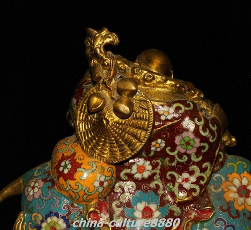 13" Chinese Cloisonne Enamel Gilt Happy Laugh Maitreya Buddha Ride Bull Statue - Picture 6 of 9