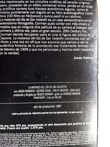 LA MATANZA DEL DIA DE SAN VALENTIN CINTA VHS ROGER CORMAN-USADO-PAL-ESPAÑOL - Bild 3 von 4