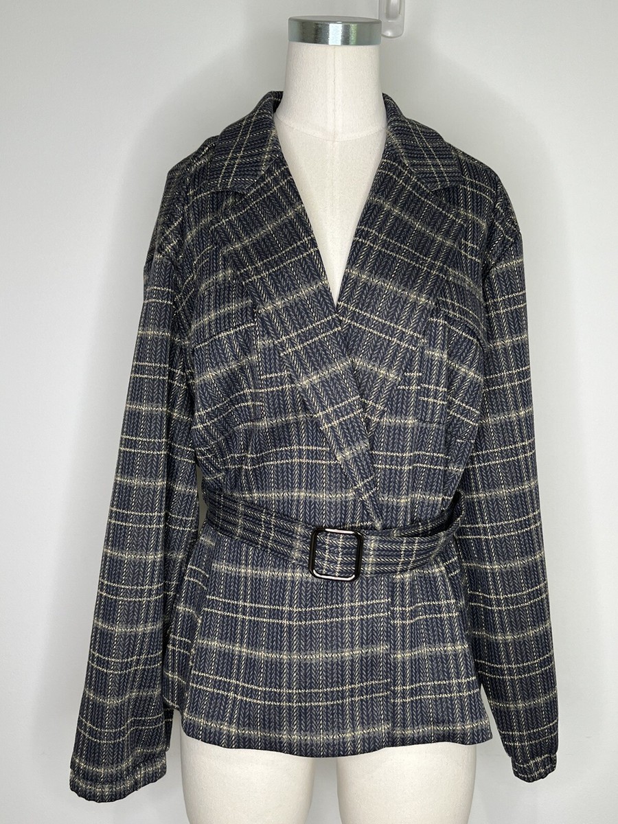 Modcloth Silver and Bold Plaid Jacket Size 1 X Blue and Gold
