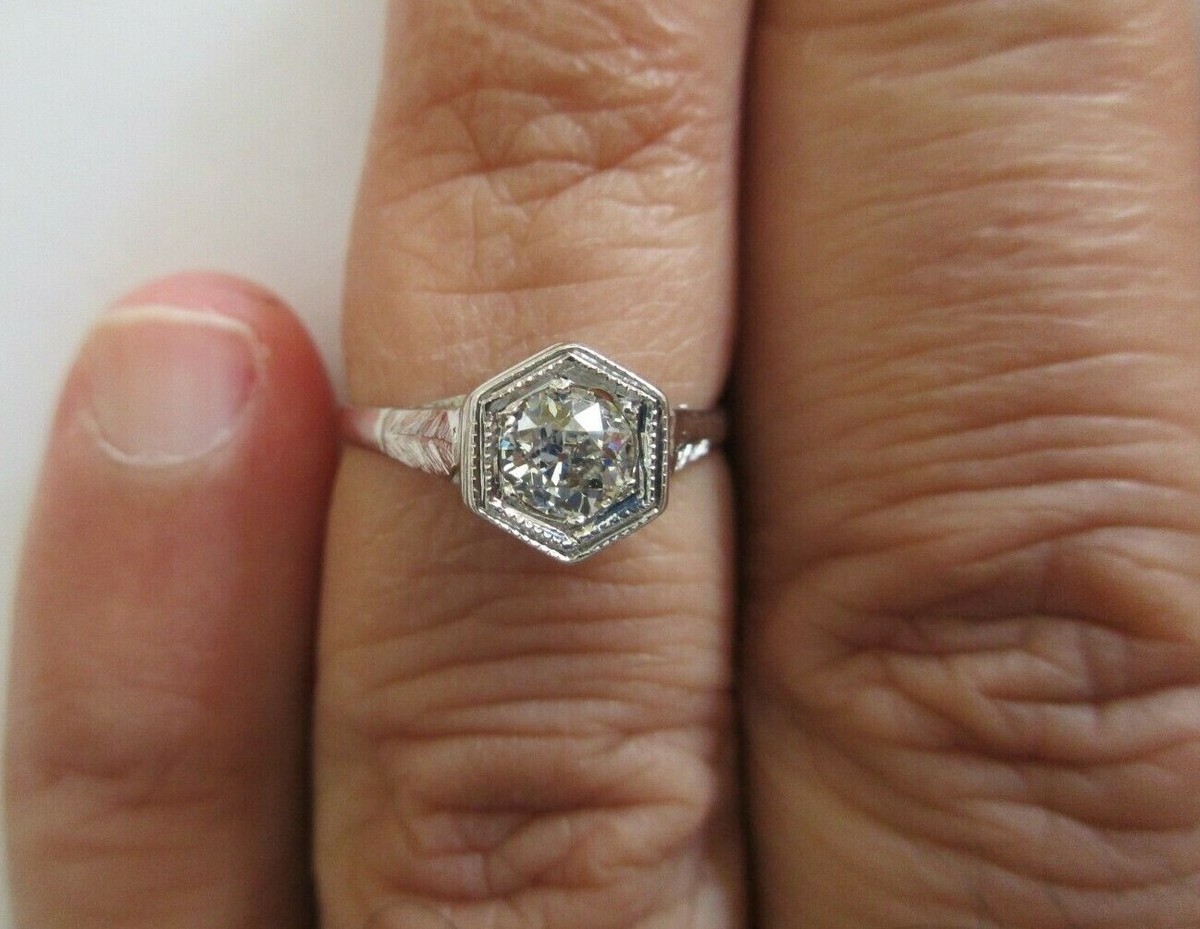Vintage 14K Gold Diamond Engagement Ring Old Mine Cut=1/2 Carat F 