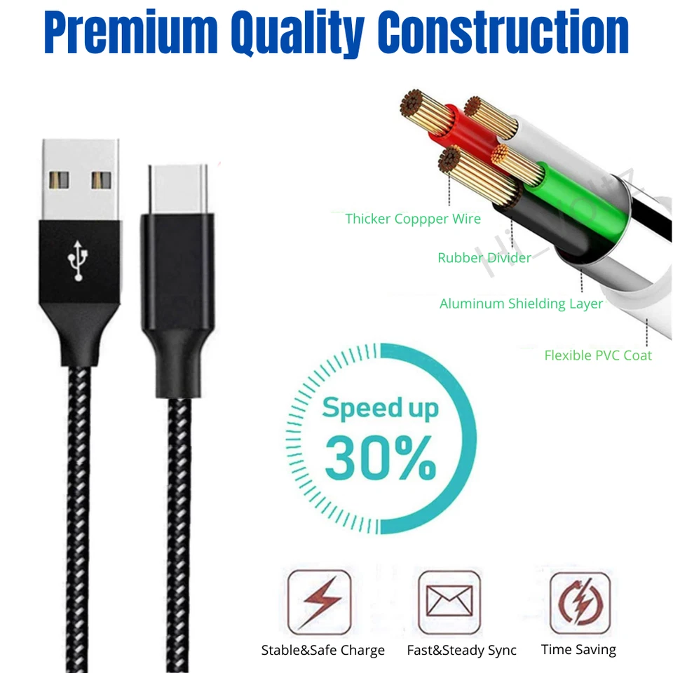 Cable de carga rápido tipo c USB c de 10 pies cable de datos cargador trenzado para Android LG Foto 2 de 4