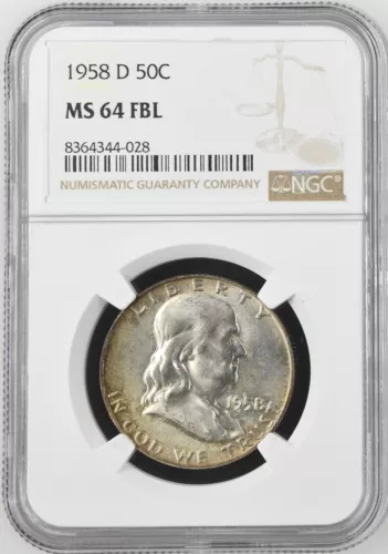 1958-D  FRANKLIN US Half Dollar,   MS64 by NGC,   FBL,   a SUPERB coin!!!!