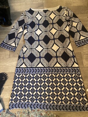just taylor blue dress Just Taylor dress womens Sz 4!Blue white Geometric 3/4 sleeve shift Midi  Dress