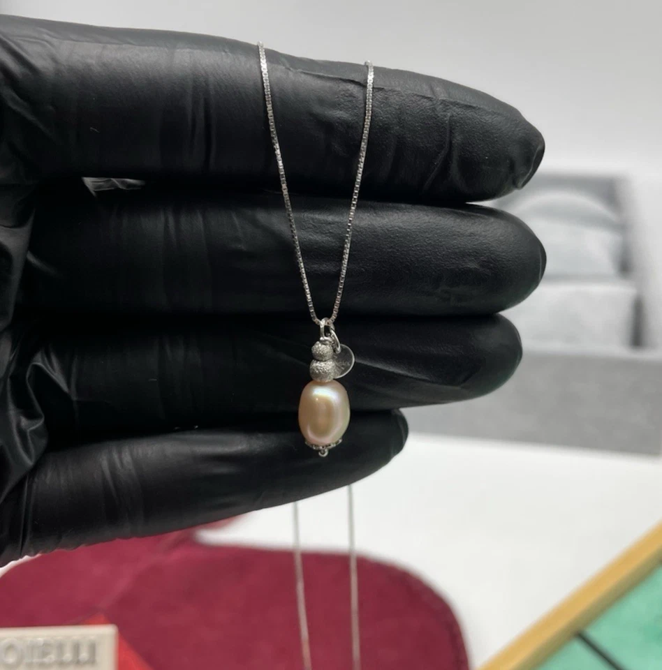 COLLANA DONNA FIRMATA ARGENTO 925 LACCIO CIONDOLO DI PERLA NATURALE ROSA E OVALE - Immagine 2 di 4