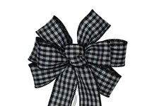 Small 5-6" Hand Made White  Black Gingham Plaid Wired Bow - Wreath Check