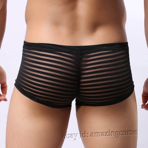 Men See-through Striped Mesh Boxers Underwear Guy Beathable Sports Brief Shorts - Picture 2 of 21