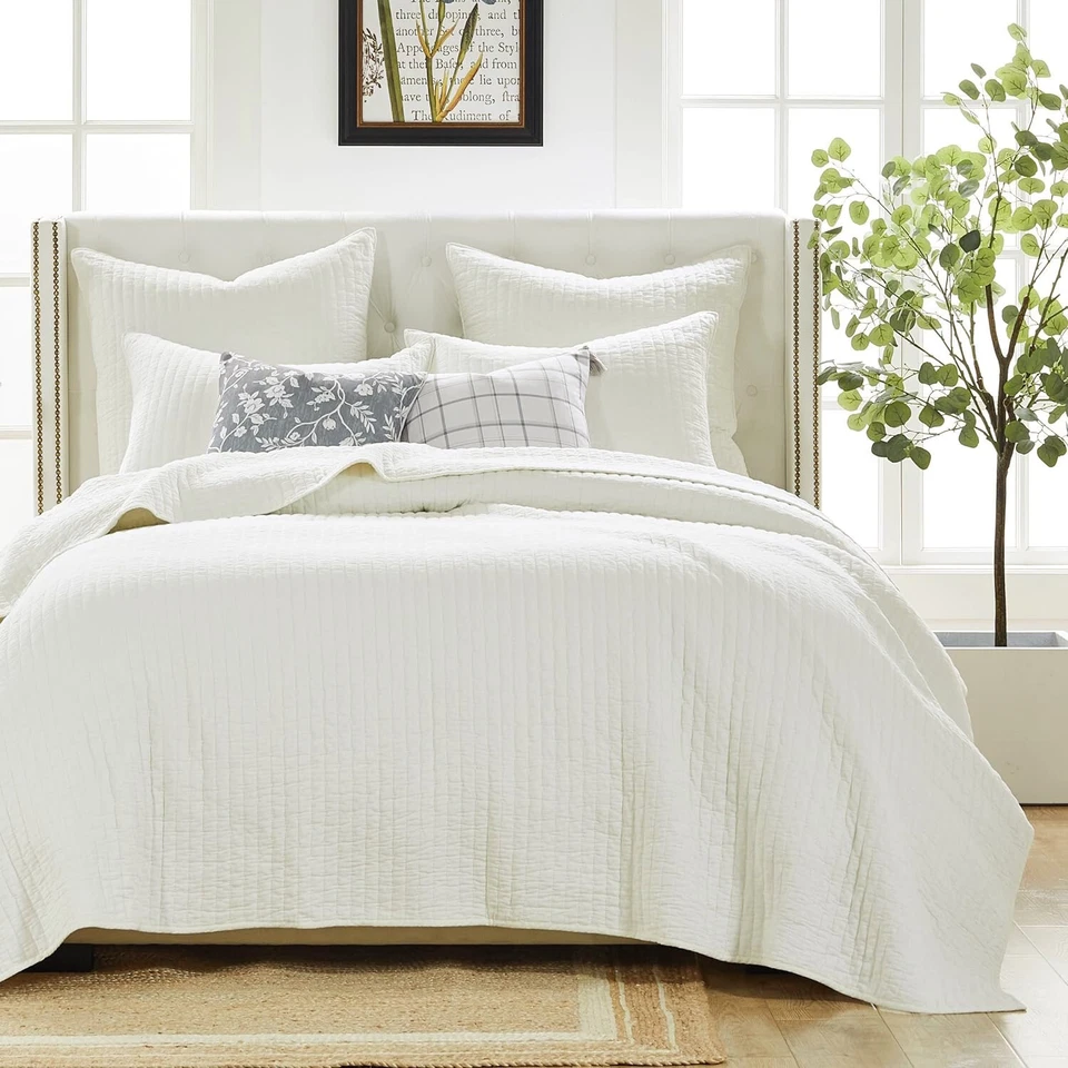 OFF WHITE 3pc King QUILT SET : COTTON CHIC FARMHOUSE CROSS STITCH MONTERREY - Image 4 of 4