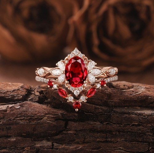 Exquisite Oval Cut Lab Created Ruby Rose Gold Plated on Silver Art Deco Ring Set - Picture 7 of 7