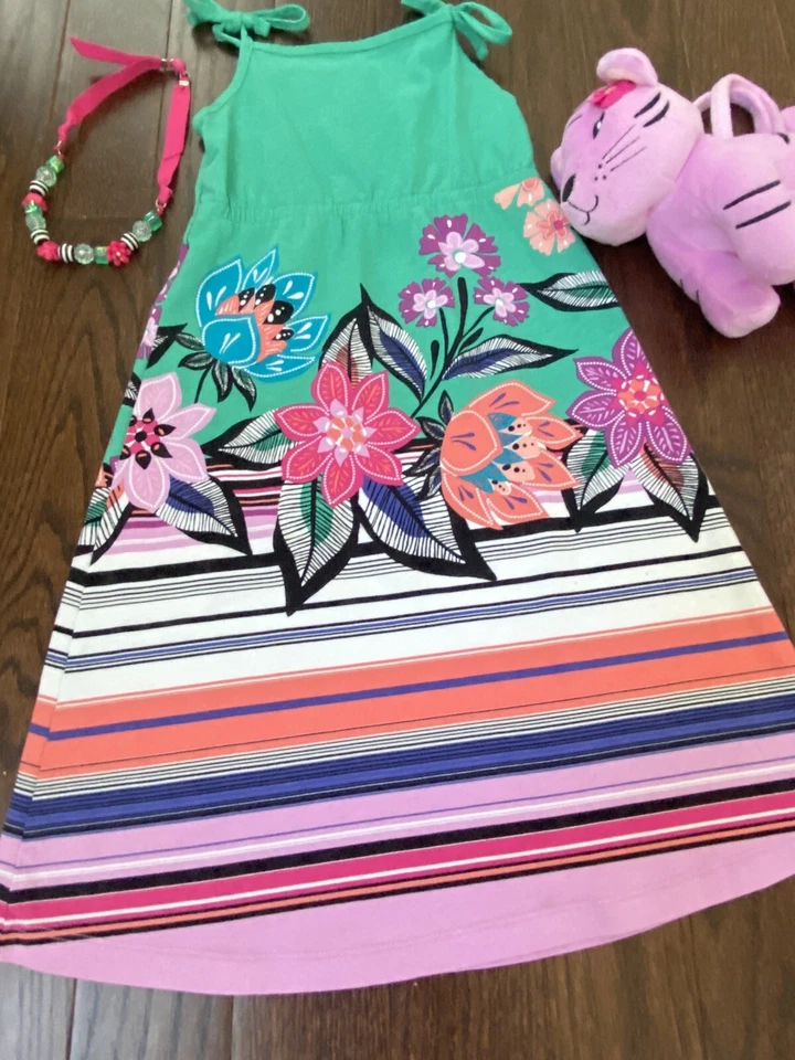 Gymboree Girls 4 Island Maxi Dress Pink Green Necklace Purse Jungle Brights - Image 2 of 4