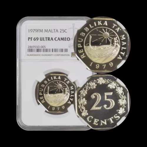 MALTA. 1979, 25 Cents - NGC PF69 - Top Pop 🥇 Republic Anniversary, Rare