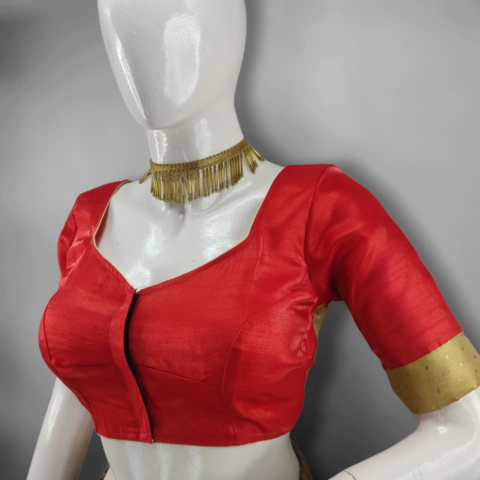 Blusa étnica de seda Dupion roja con cuello de novia - brocado bordado a mano. Foto 4 de 4
