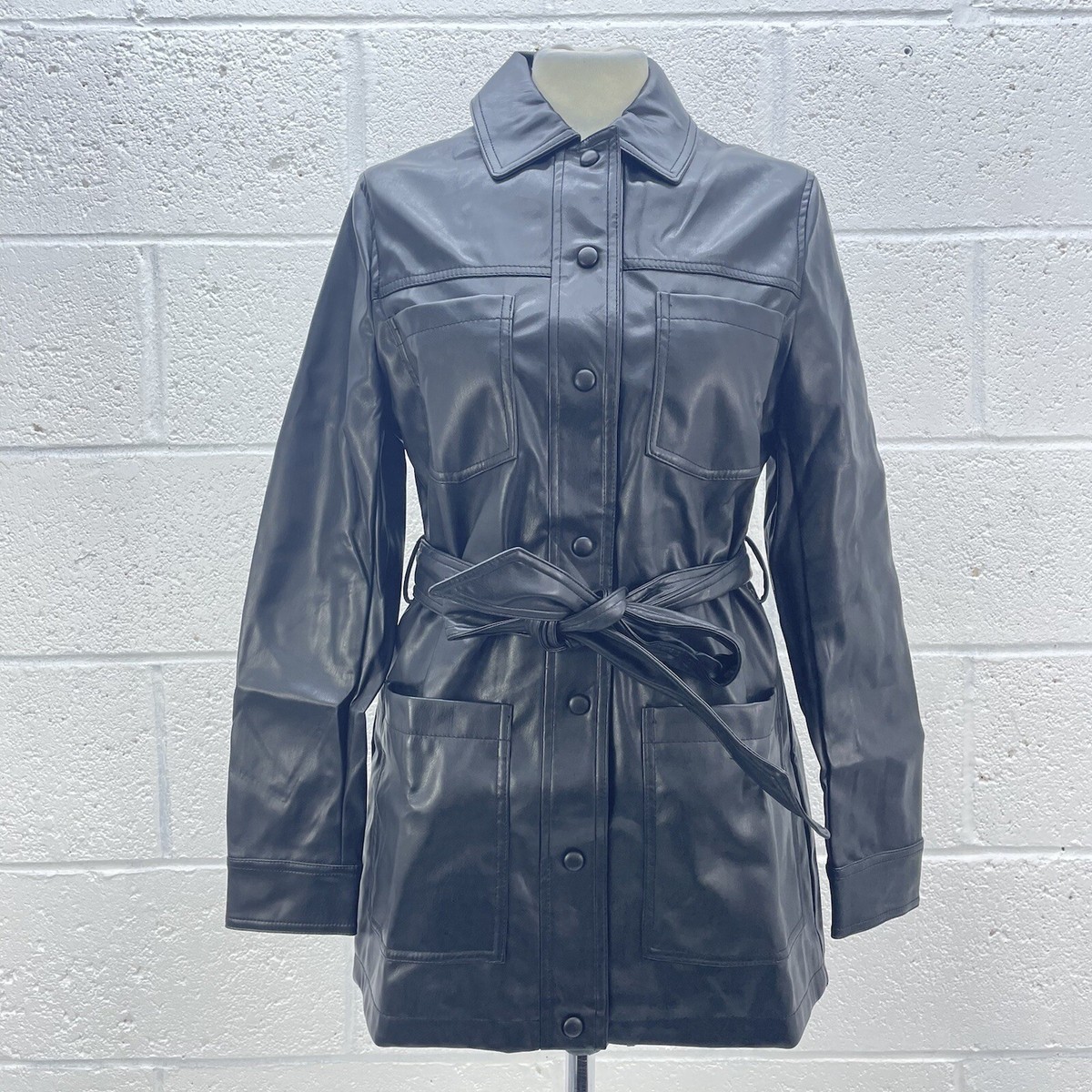 YUTHENTIC ♥ Fake leather coat-type padded jacket NEW LOOK BLACK LEATHER JACKET PU TIE WAIST BUTTON UP POCKET